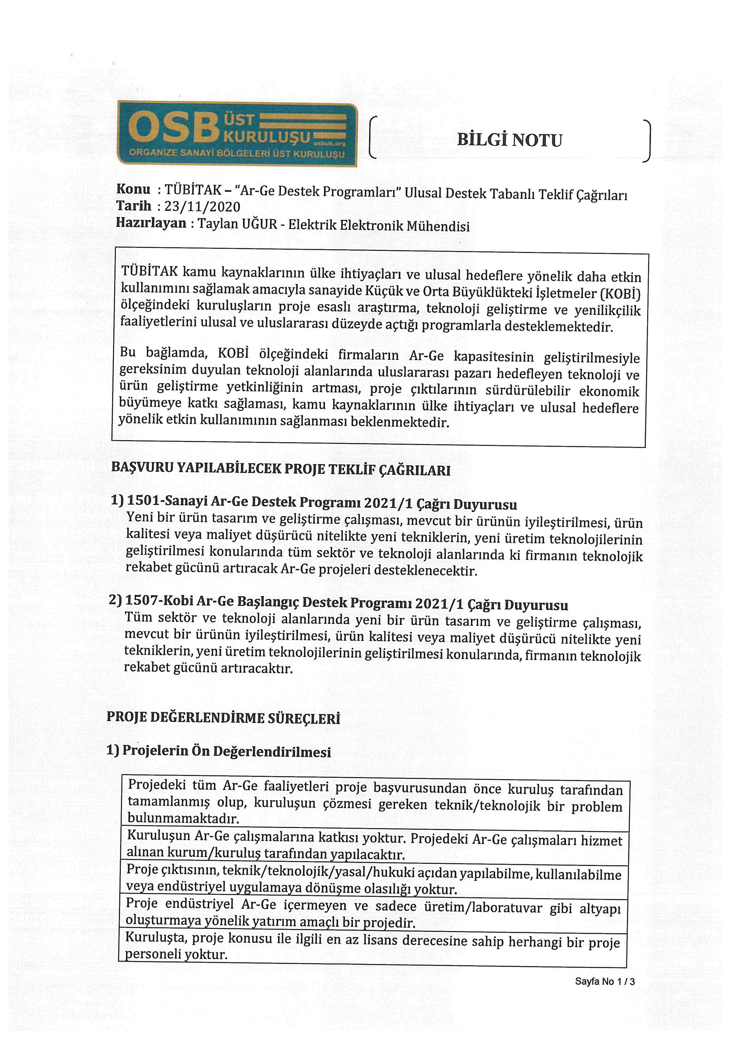 TÜBİTAK Ar-Ge Destek çağrıları hakkında bilgilendirme